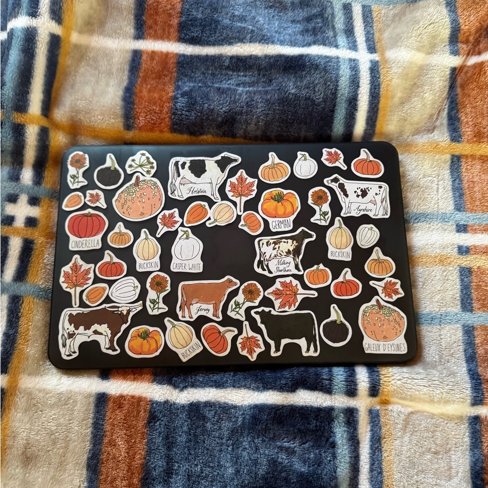 Apple Laptop with Black Cover and Decorative Stickers